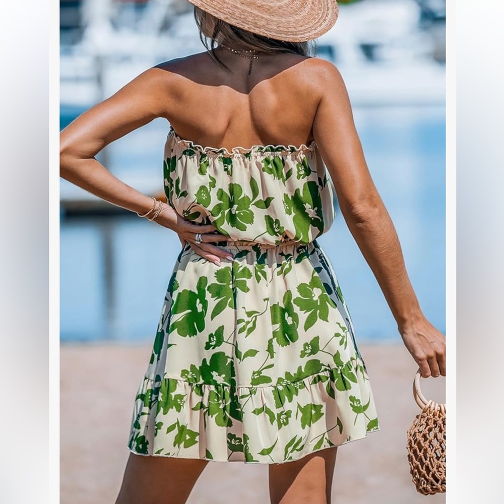 Floral mini dress, ruffle tube front button, elastic tie waist flounce hem - Picture 2 of 3